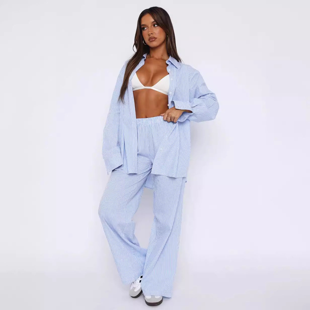 Fashion Y2K Striped Straight Trousers Summer Elastic High Waist Wide Leg Pants For Women - cas7m