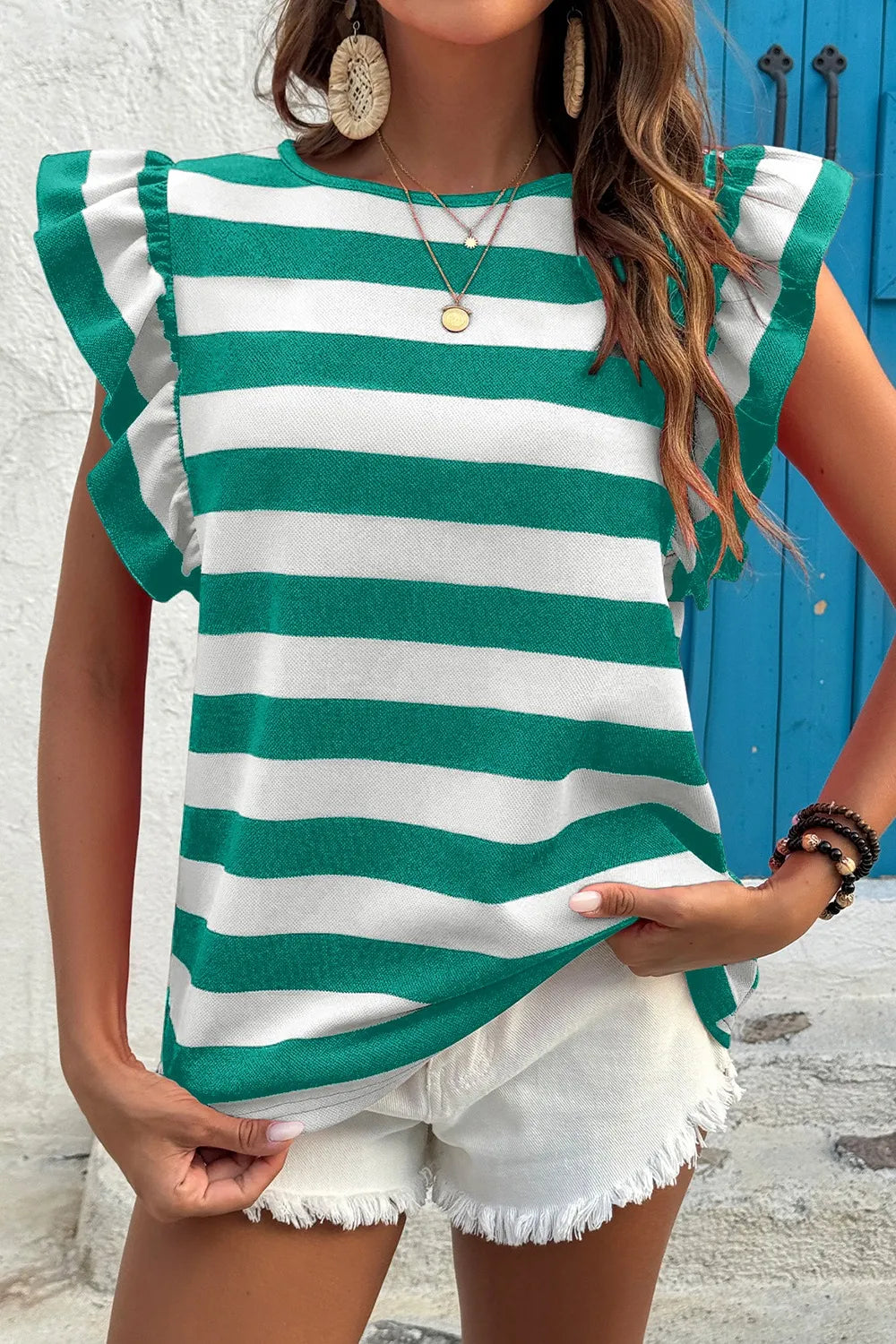 Ruffle Sleeve Striped T-Shirt - cas7m