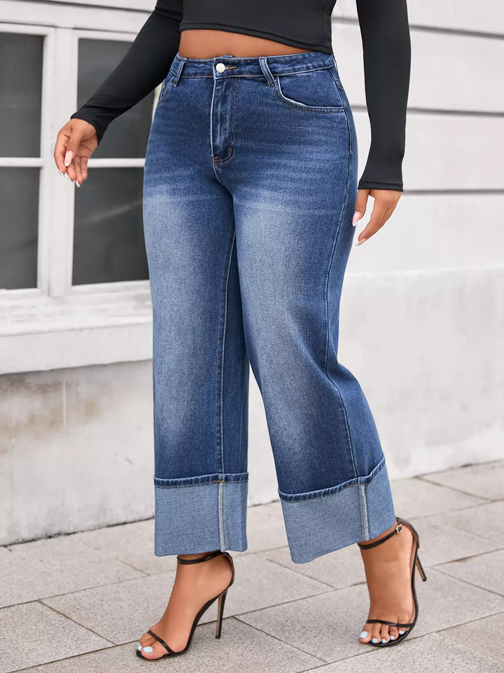 Plus Size High Waist Cuffed Wide Leg Jeans - cas7m