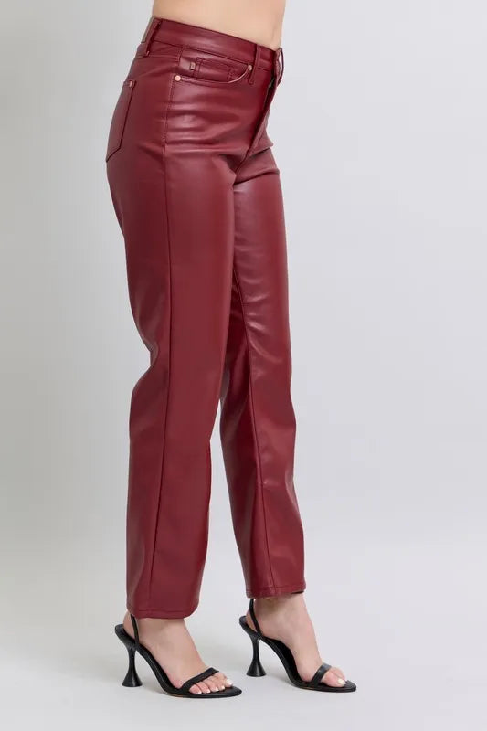 Judy Blue Full Size High Waist Tummy Control Faux Leather Straight Pants Plus Size - cas7m