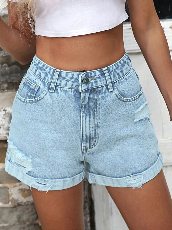 High-Waisted Distressed Denim Shorts - cas7m