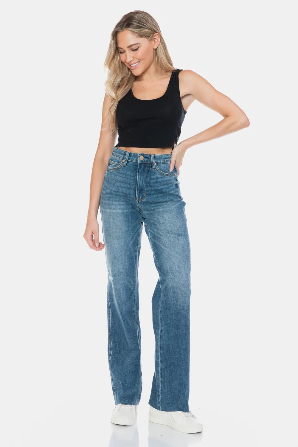 Judy Blue Full Size Tummy Control Cut Raw Hem Straight Jeans - cas7m