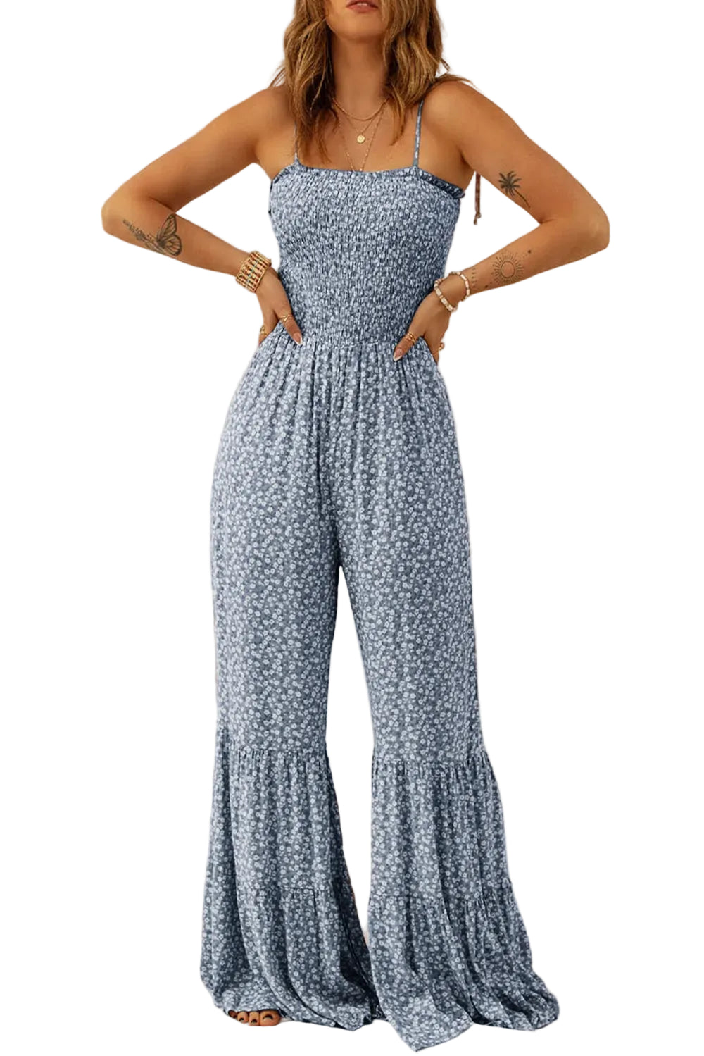 Smocked Printed Wide Strap Jumpsuit - cas7m