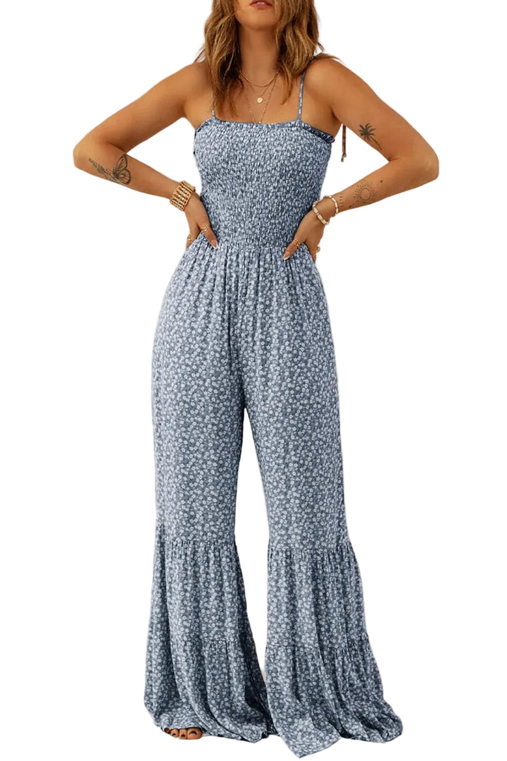 Smocked Printed Wide Strap Jumpsuit - cas7m