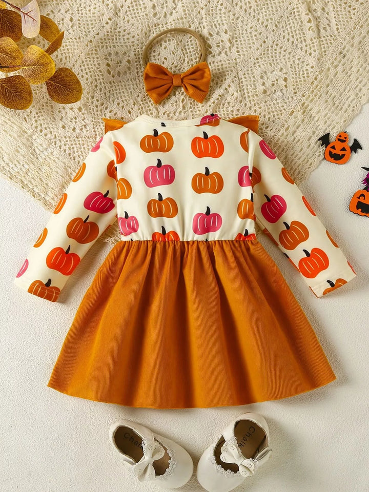 Children's Pumpkin Print Ruffle Dress with Bow Headband - cas7m