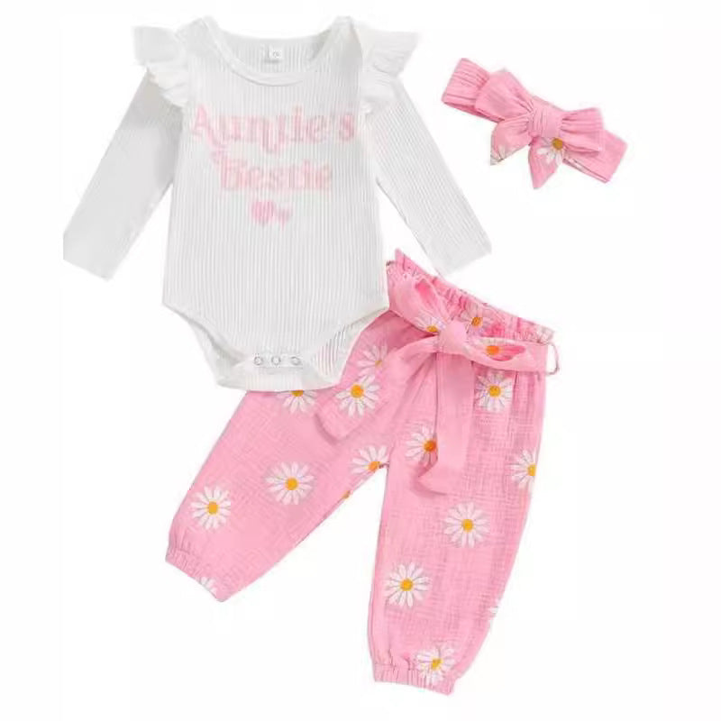 Ruffled Long-sleeve Bodysuit Paired With Matching Pants And A Bow Hair Accessory - cas7m