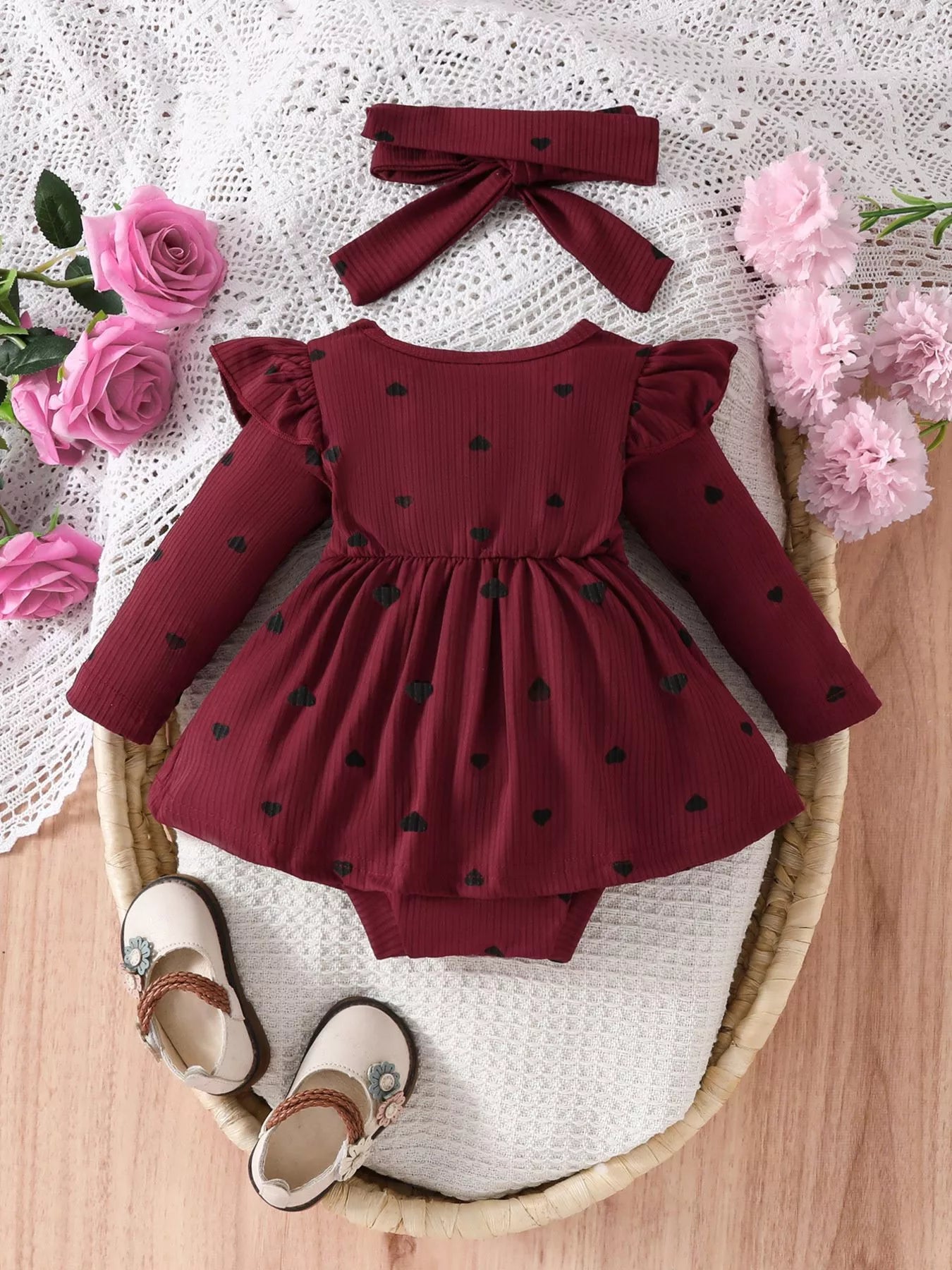 Children's Heart Print Ruffle Trim Bodysuit Dress with Headband - cas7m