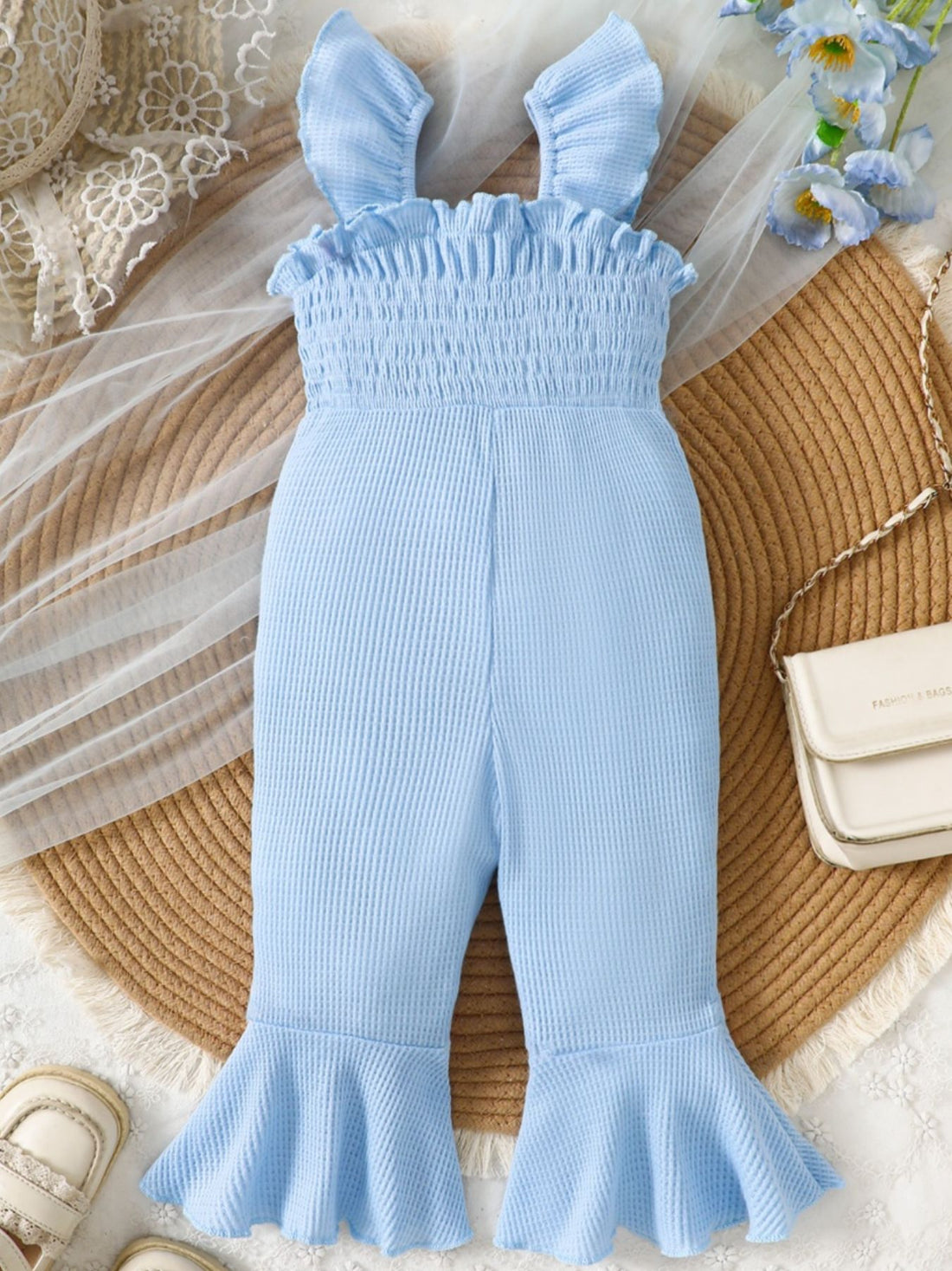 Children's Floral Decor Smocked Ruffle Hem Jumpsuit - cas7m