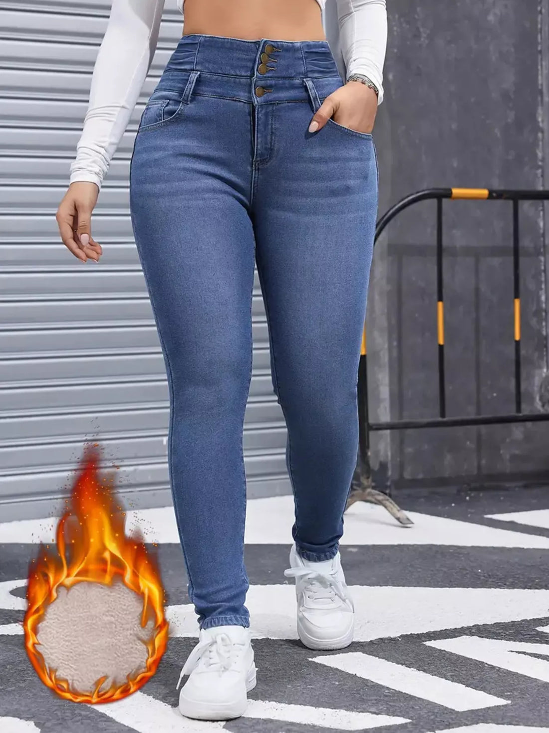 High-Waisted Slim Fit Fleece-Lined Jeans - cas7m