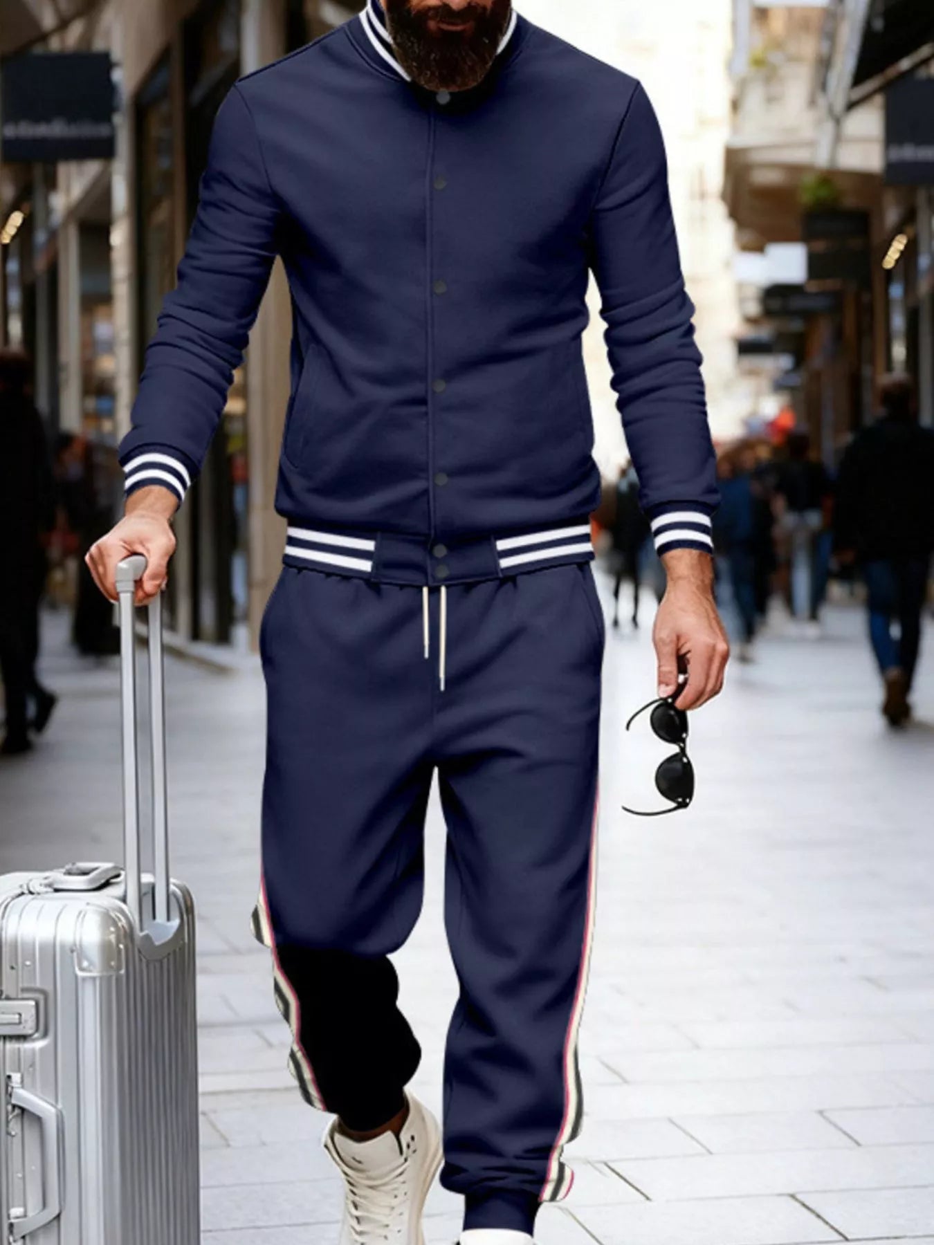 Men's Full Size Striped Snap Down Top and Pants Set Plus Size - cas7m