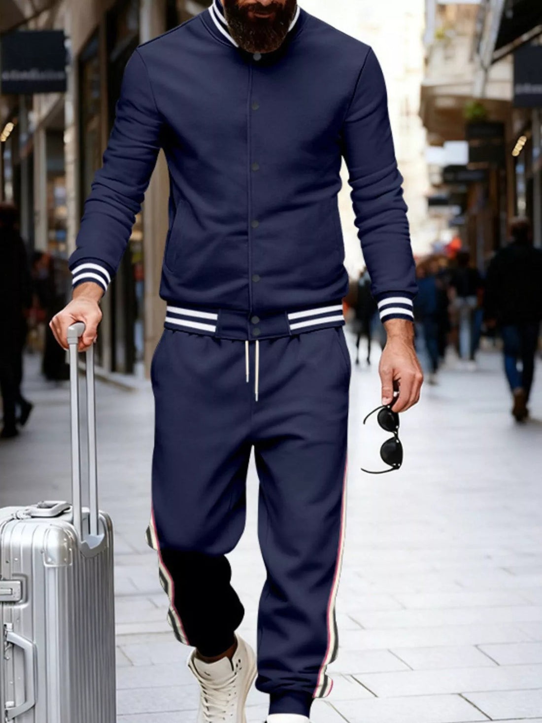 Men's Full Size Striped Snap Down Top and Pants Set Plus Size - cas7m