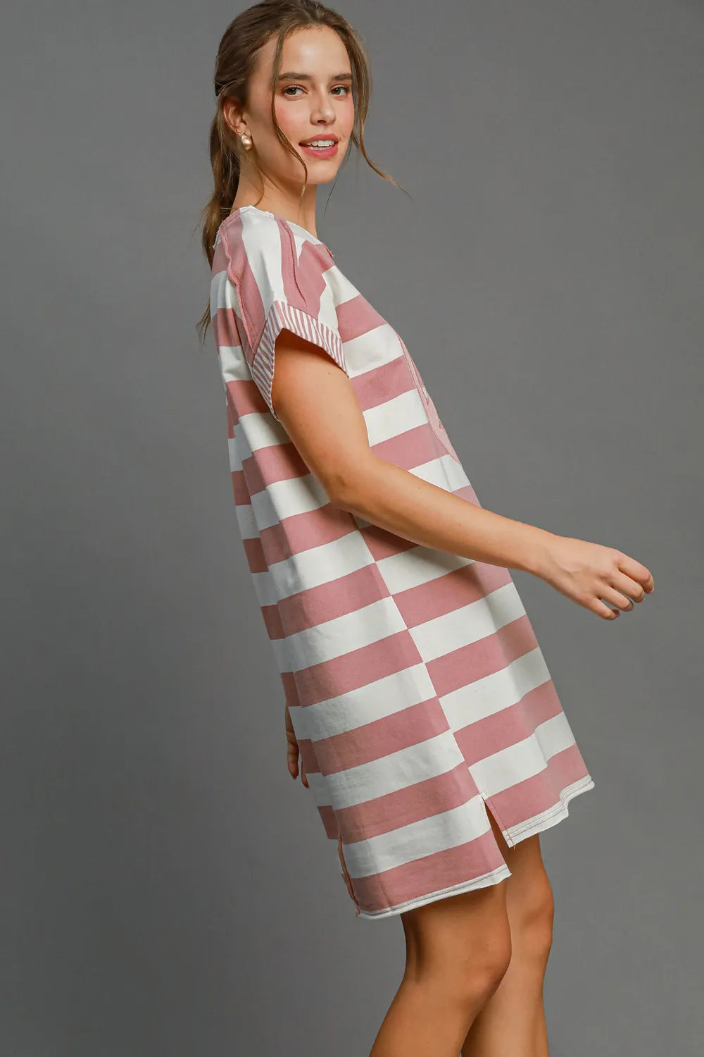 Umgee Peace Applique Striped Short Sleeve Mini Dress - cas7m