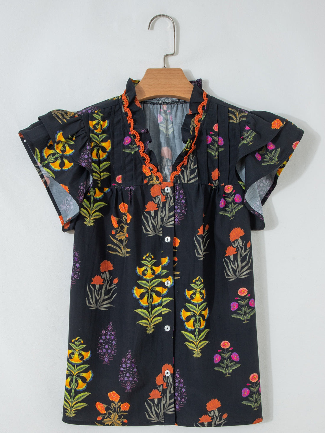 Floral Print Lace Trim Frilled V Neck Short Sleeve Shirt - cas7m