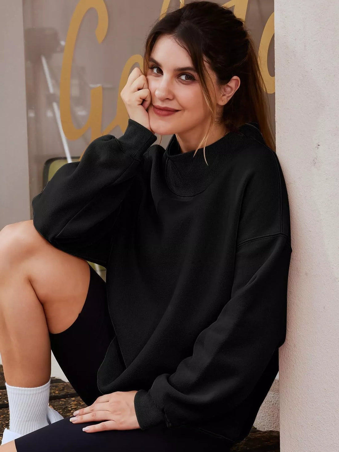 Mock Neck Dropped Shoulder Sweatshirt - cas7m