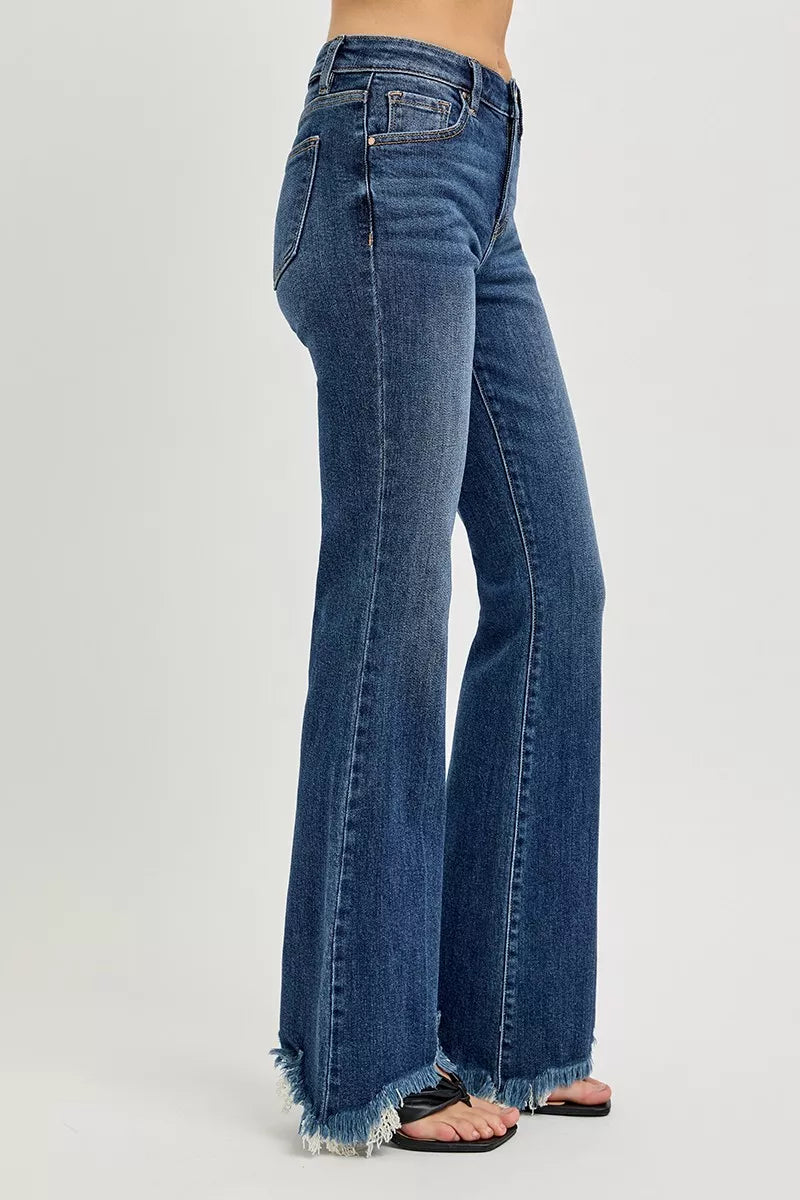 RISEN Full Size Mid Rise Flare Frayed Hem Jeans Plus Size - cas7m