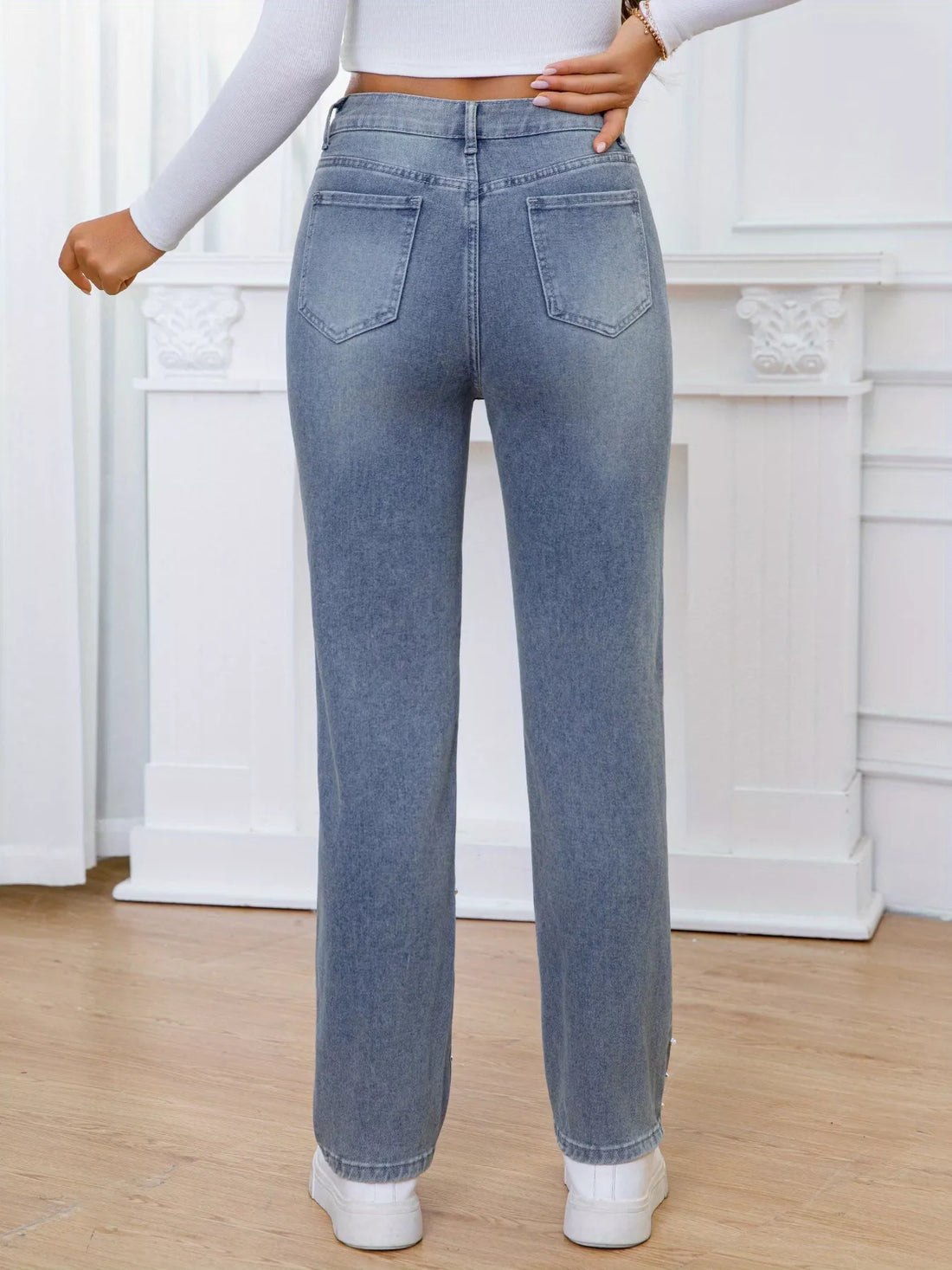 Pearl Embellished High Waist Straight Jeans - cas7m