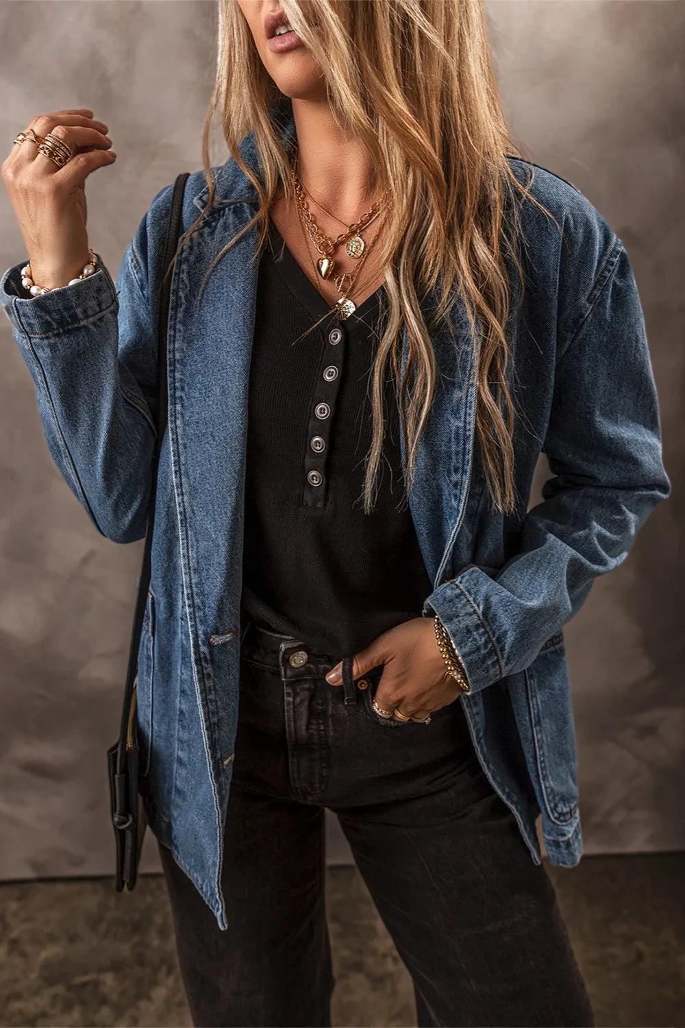 Pocketed Long Sleeve Denim Jacket - cas7m