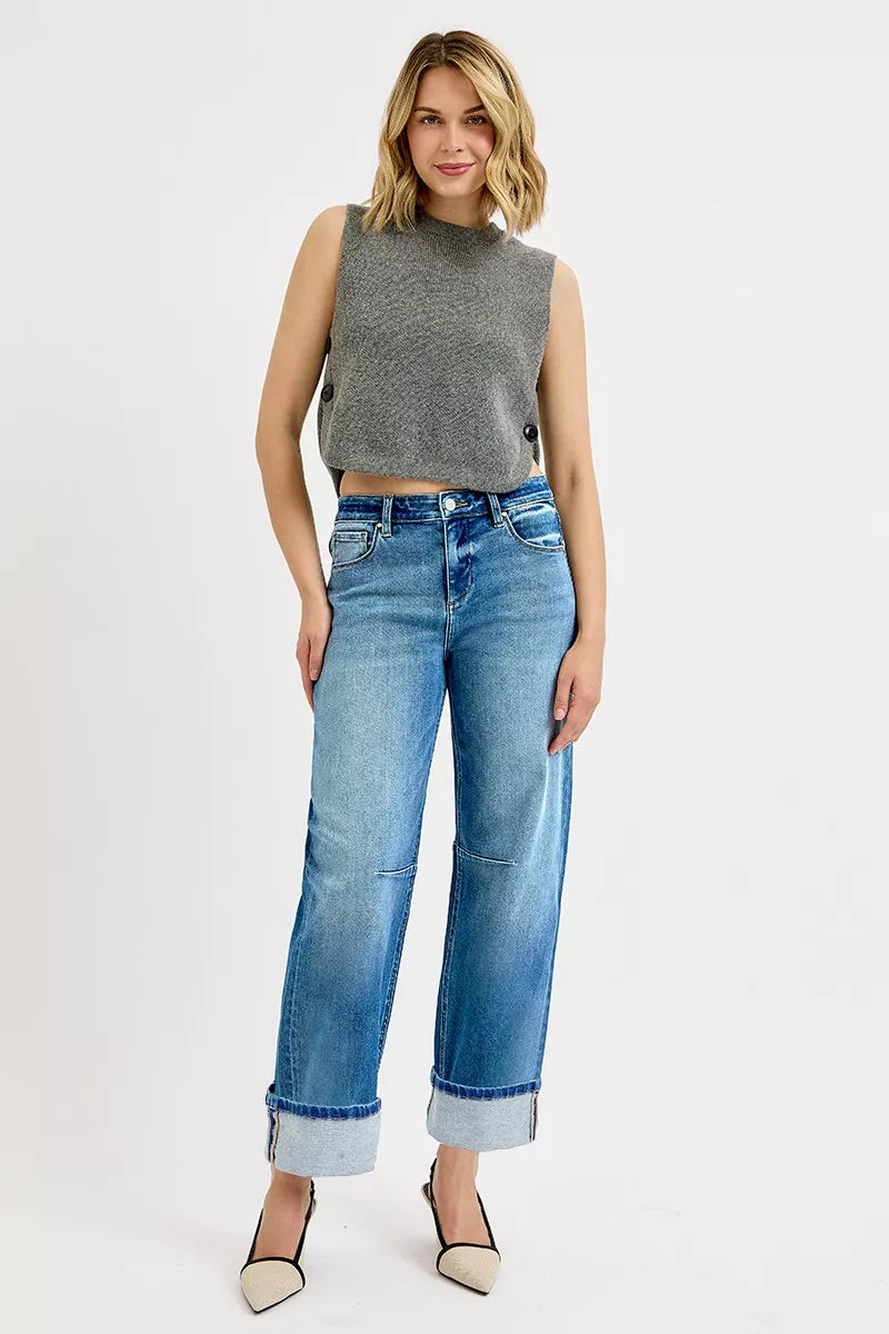 RISEN Slouchy Crop Barrel Cuffed Jeans - cas7m