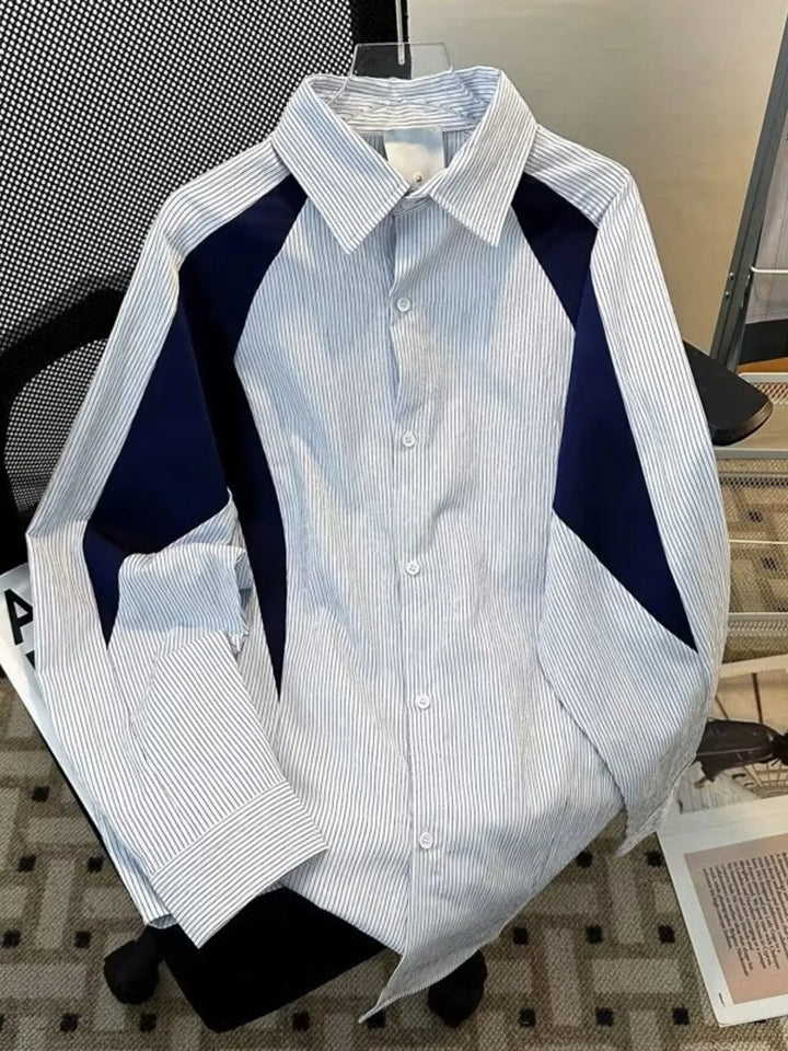 Men's Color Block Striped Long Sleeve Shirt - cas7m