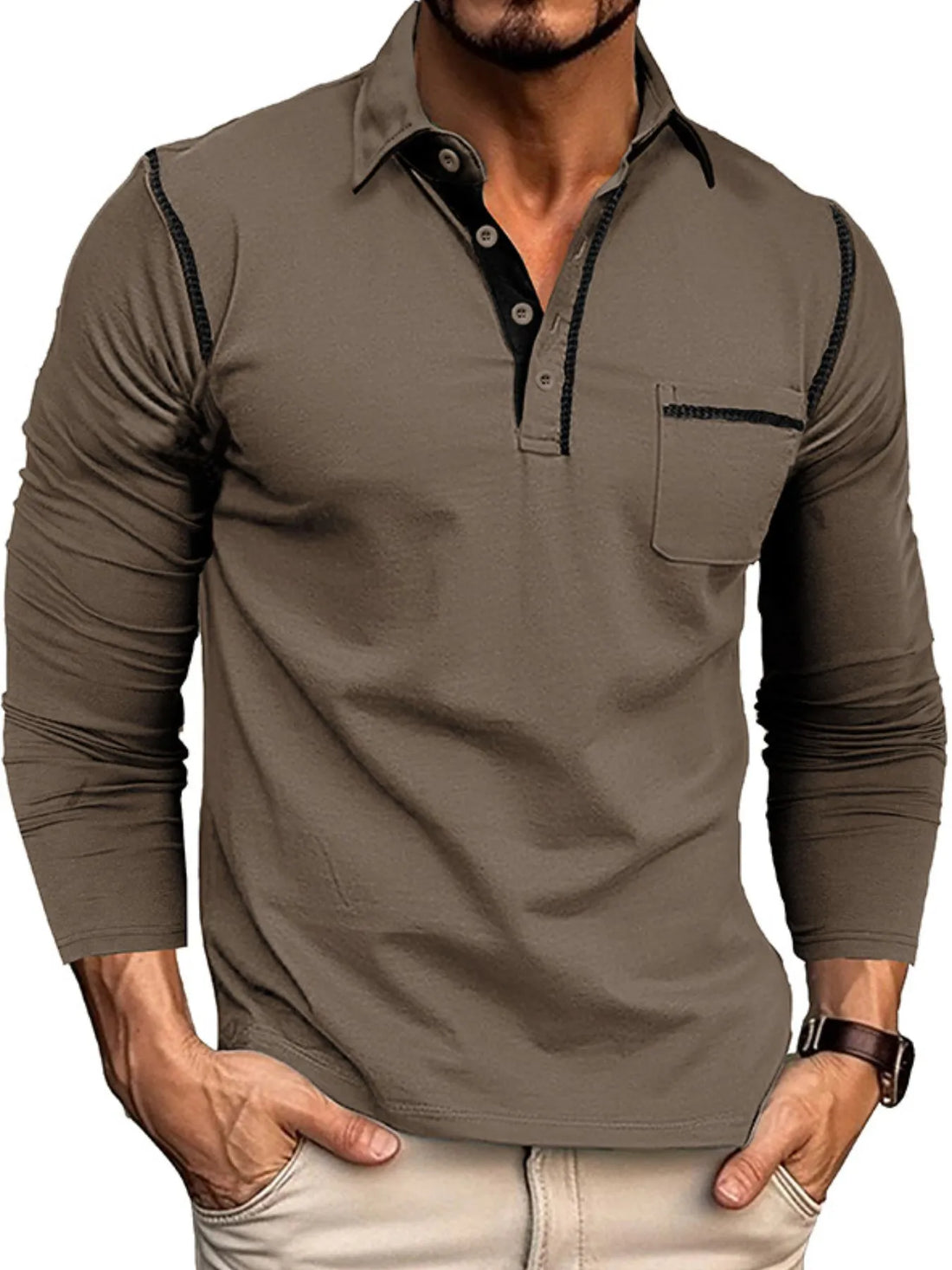 Men's Long Sleeve Polo Shirt with Contrast Stitching - cas7m