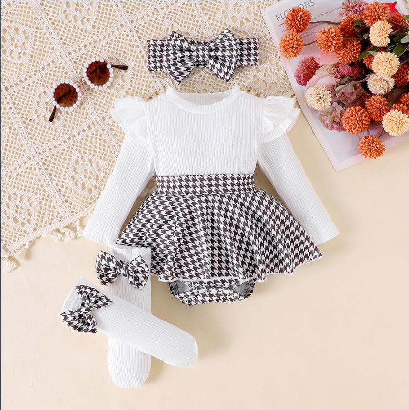 Sunken Stripe Long Sleeve Stitching Houndstooth Skirt One-piece Romper - cas7m