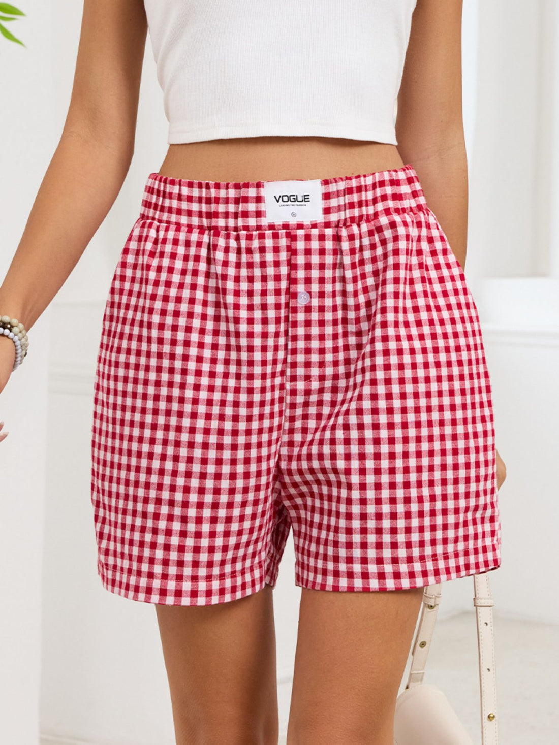 Gingham Elastic Waist Casual Shorts - cas7m