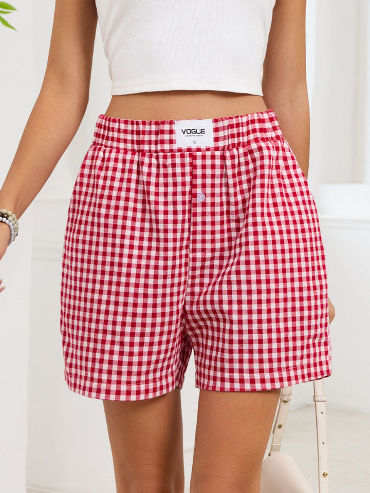 Gingham Elastic Waist Casual Shorts - cas7m