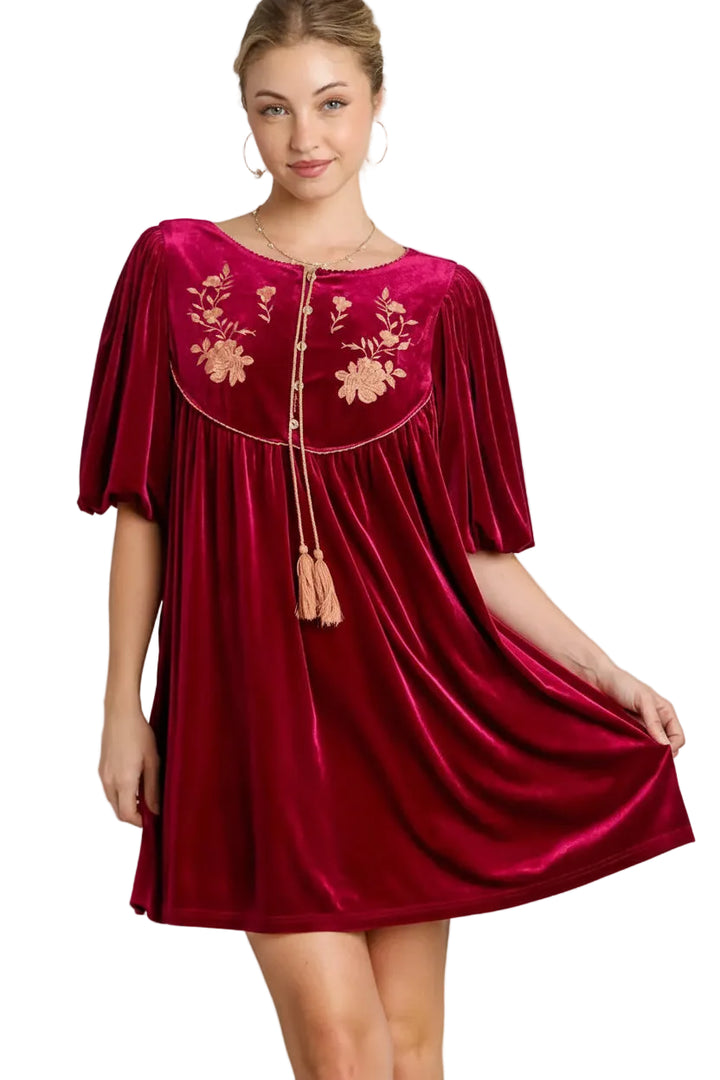Umgee Embroidered Half Sleeve Velvet Mini Dress with Tassel - cas7m