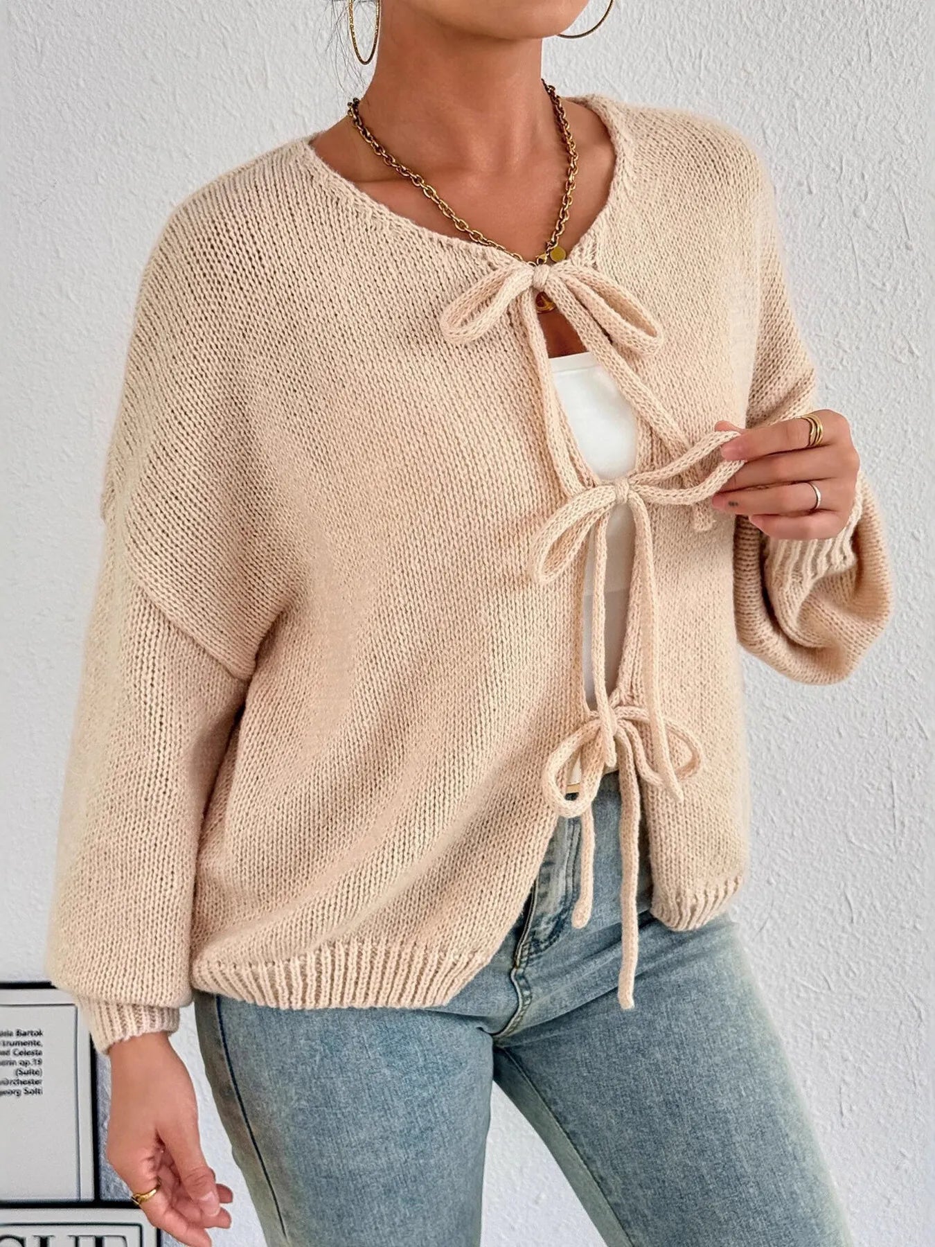 Cozy Bow-Tie Front Knit Cardigan - cas7m