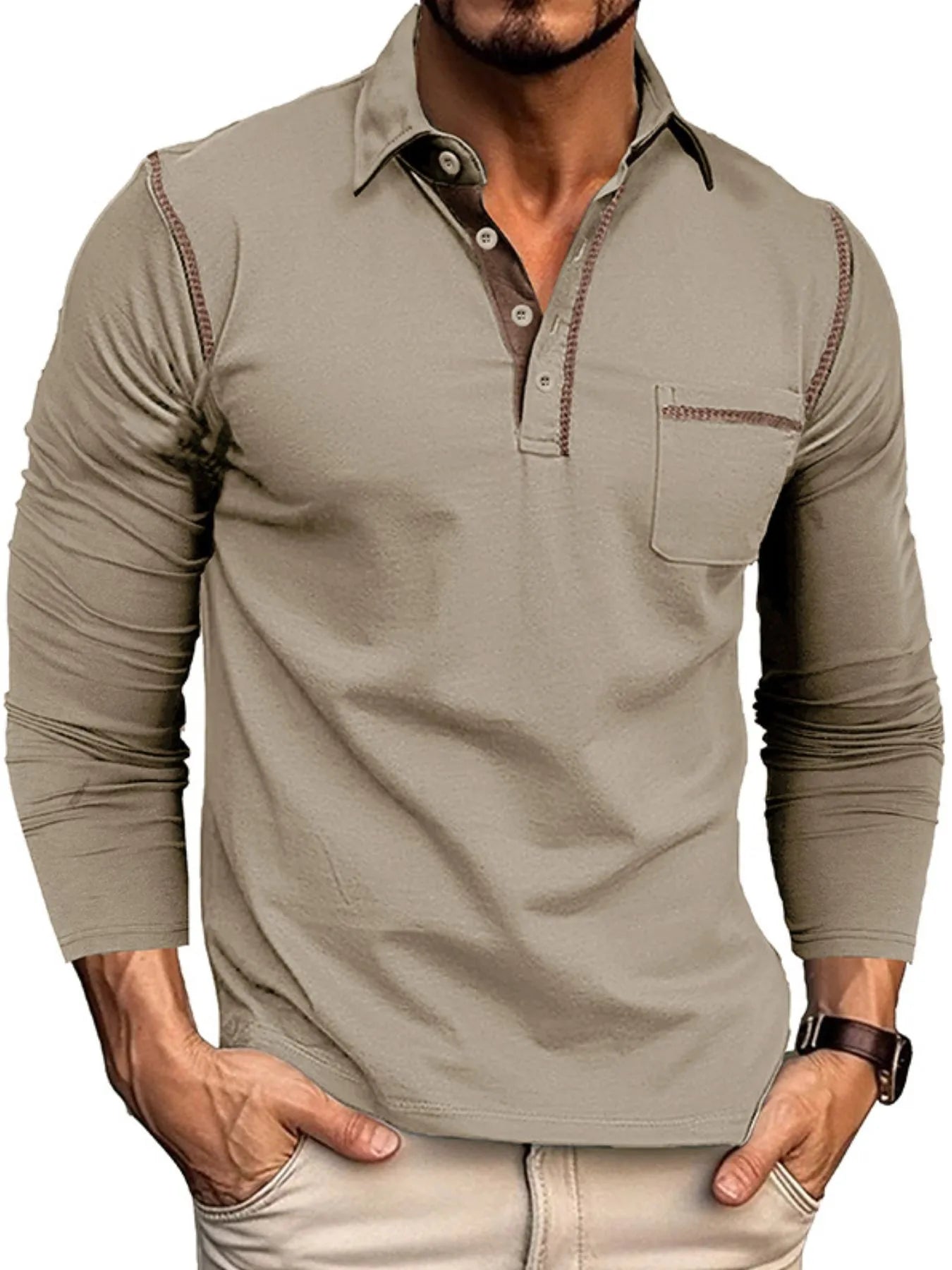 Men's Long Sleeve Polo Shirt with Contrast Stitching - cas7m