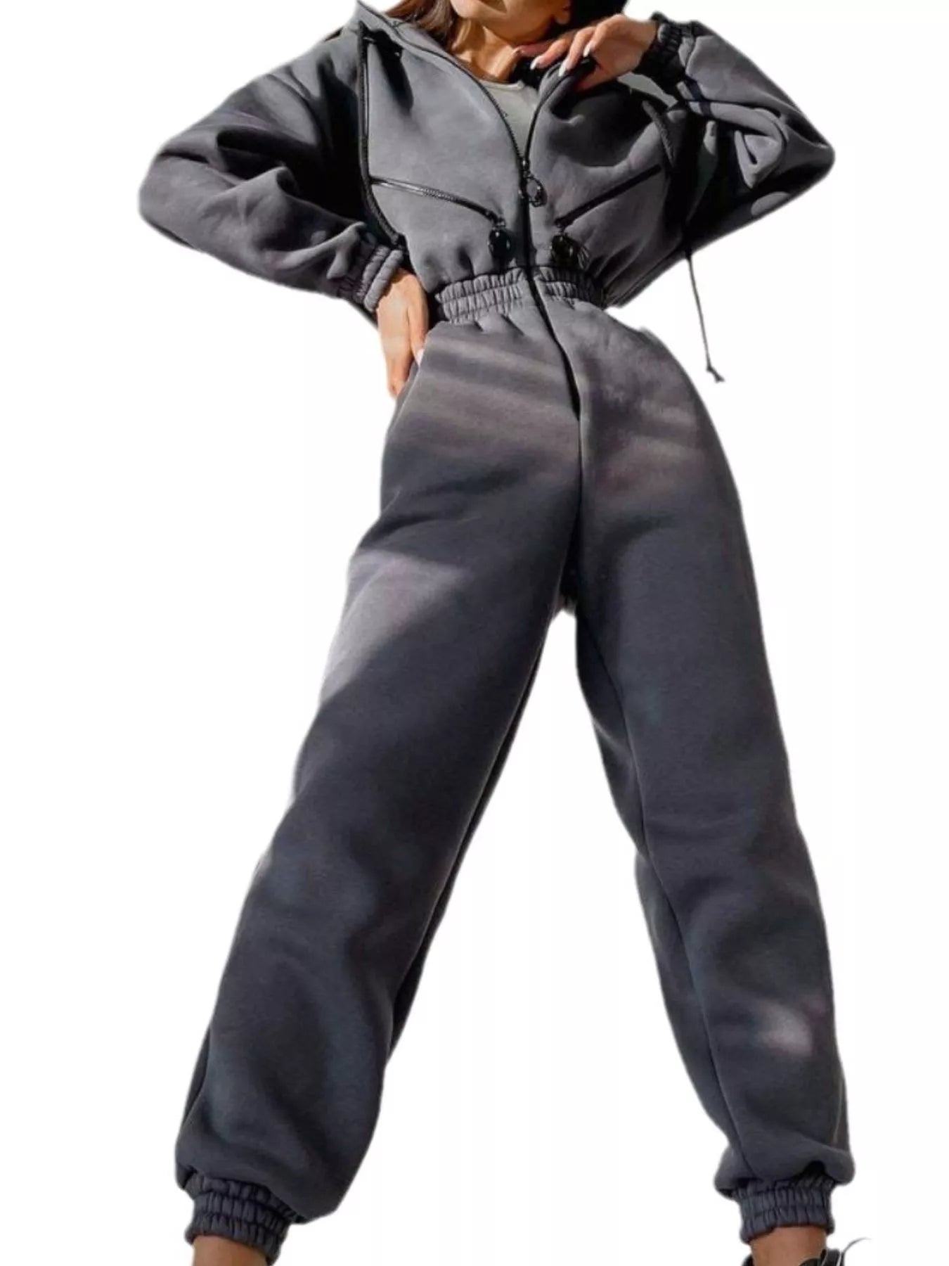 Hooded Zip-Up Long Sleeve Jumpsuit - cas7m