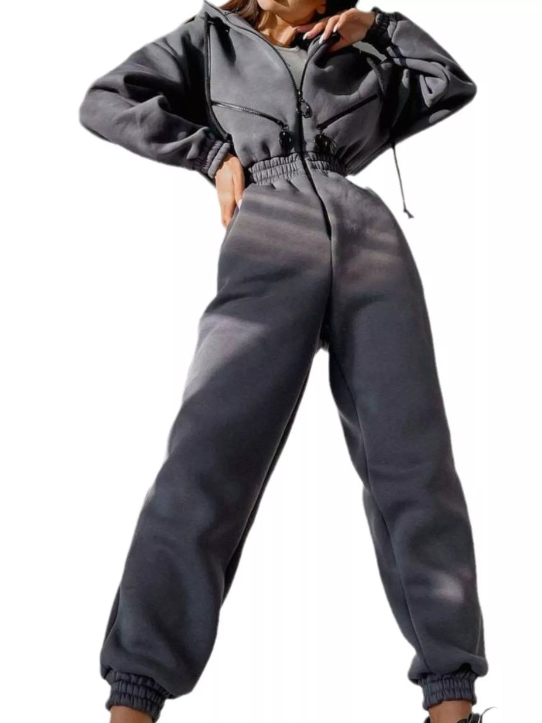 Hooded Zip-Up Long Sleeve Jumpsuit - cas7m