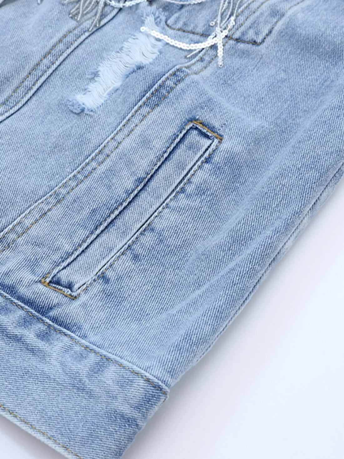 Fringed Sequin Embellished Denim Jacket - cas7m