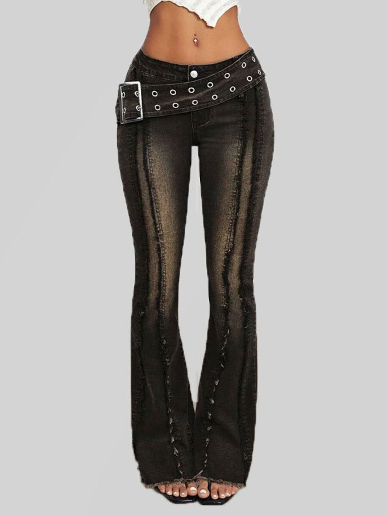 Belted High Waist Flare Jeans - cas7m
