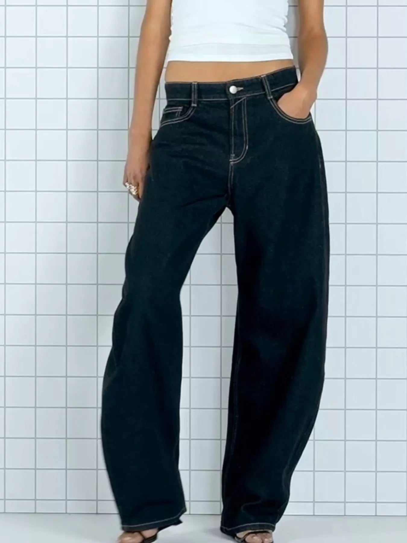 Wide Leg Washed Jeans - cas7m
