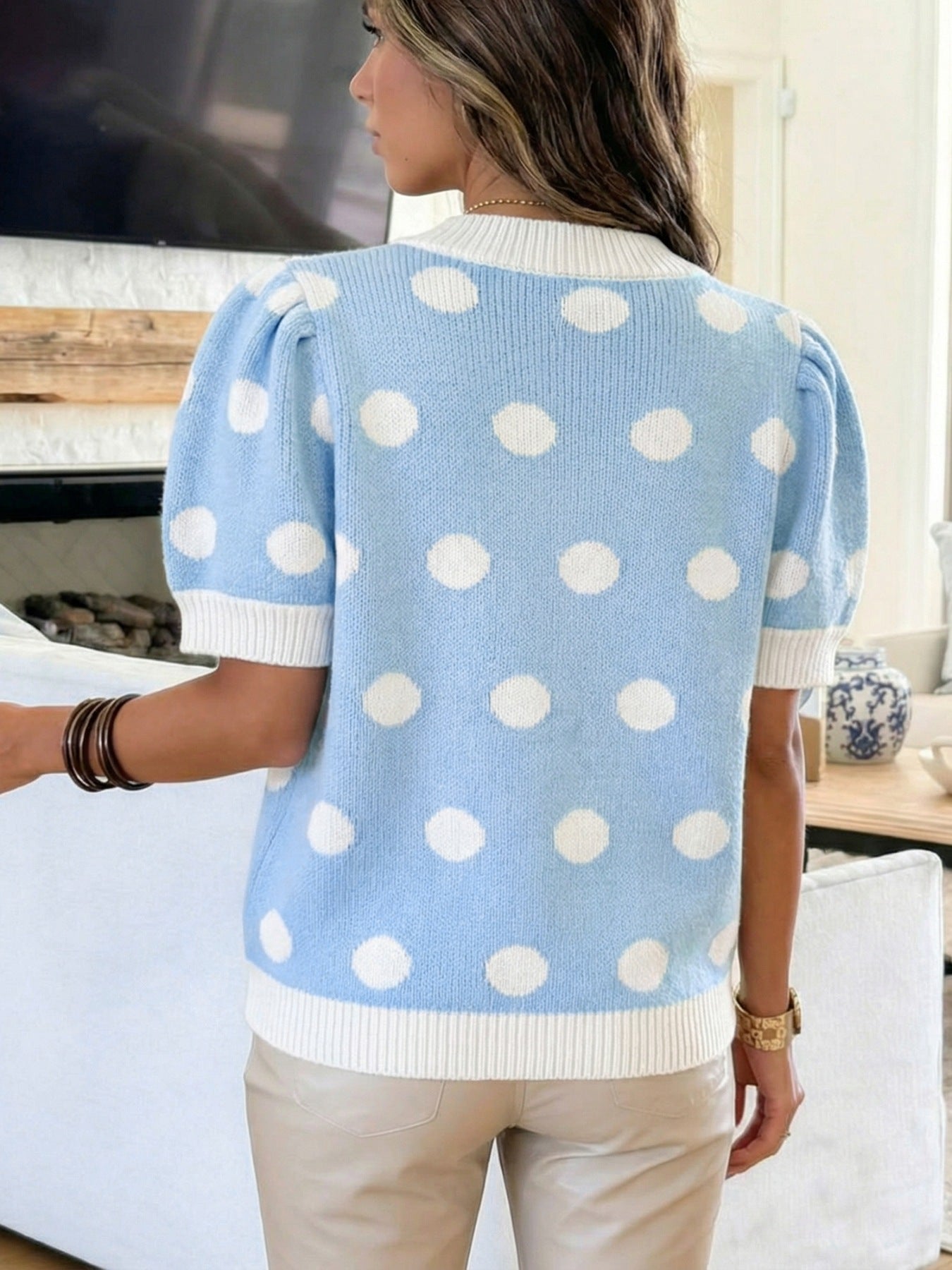 Polka Dot Puff Sleeve Sweater - cas7m
