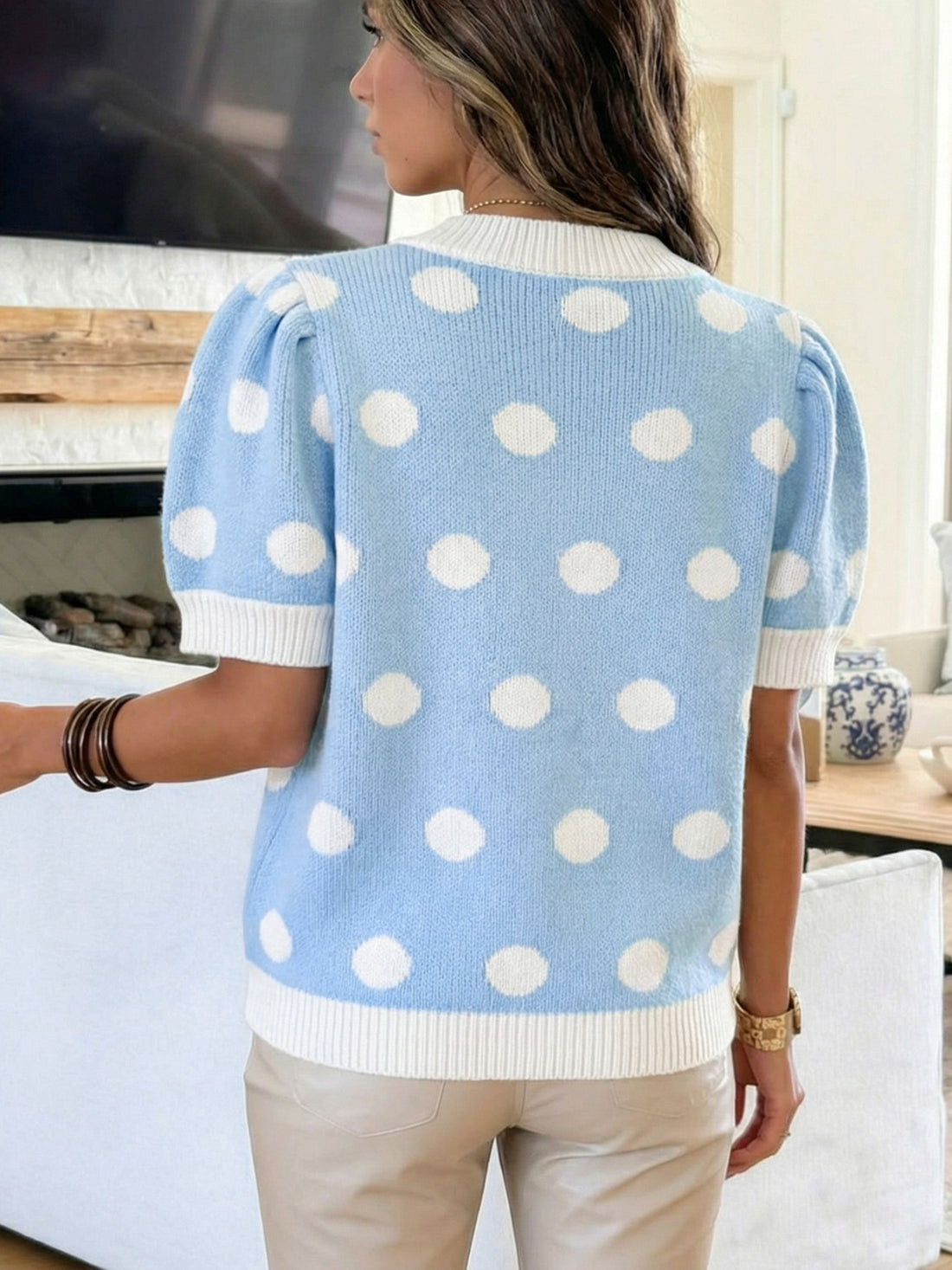 Polka Dot Puff Sleeve Sweater - cas7m
