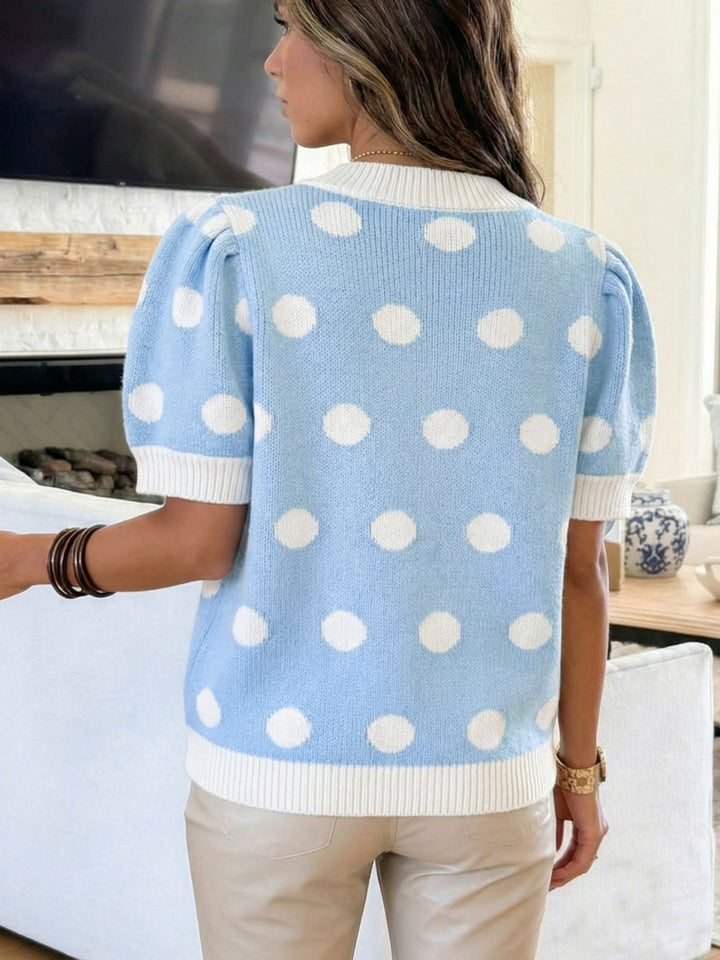 Polka Dot Puff Sleeve Sweater - cas7m