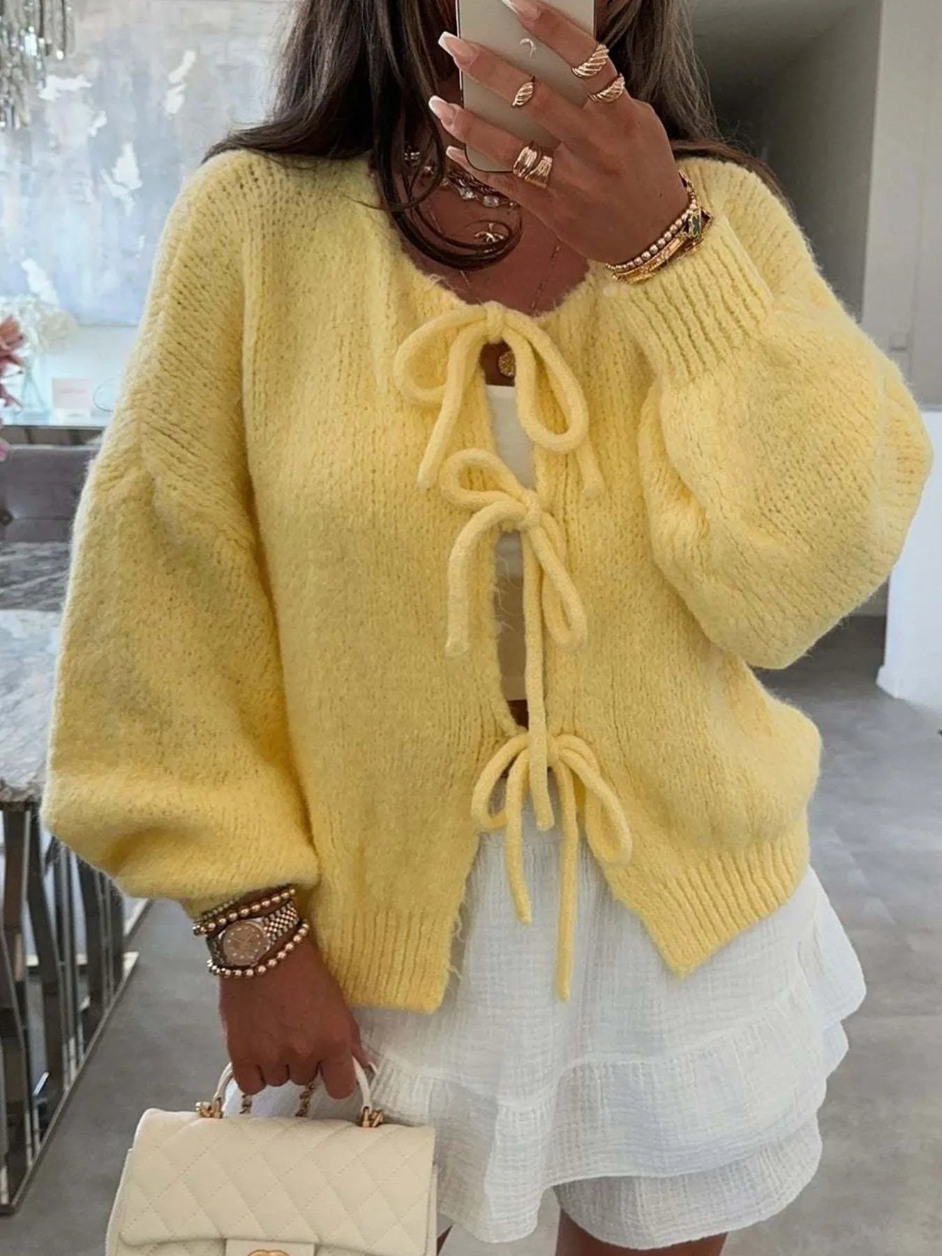 Cozy Bow-Tie Front Knit Cardigan - cas7m