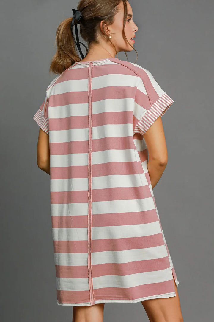 Umgee Peace Applique Striped Short Sleeve Mini Dress - cas7m