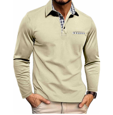 Casual Plaid Splicing Lapel Polo Shirt Fashion Solid Color Long Sleeve Top Men's Clothing - cas7m