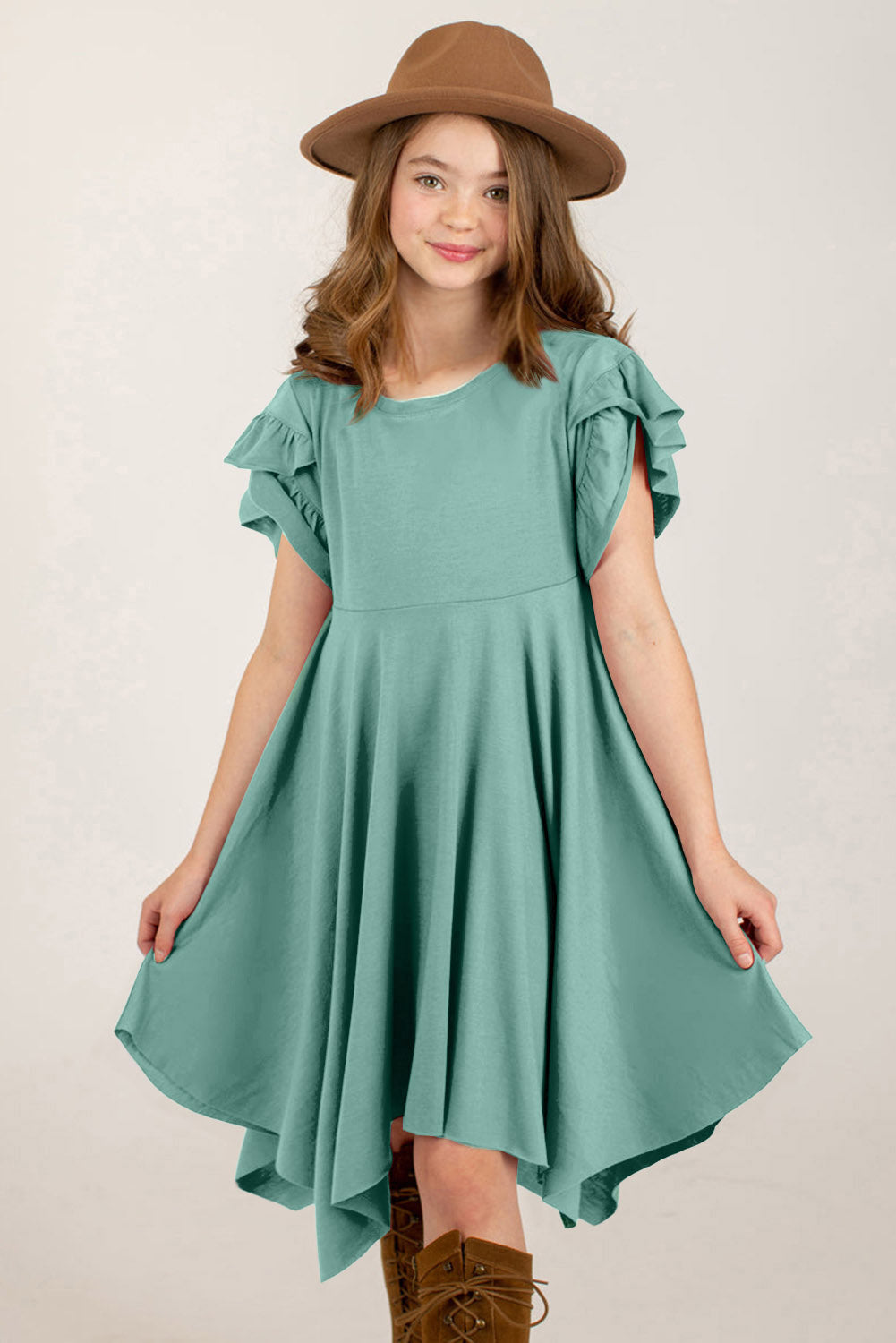 Round Neck Petal Sleeve Dress - cas7m