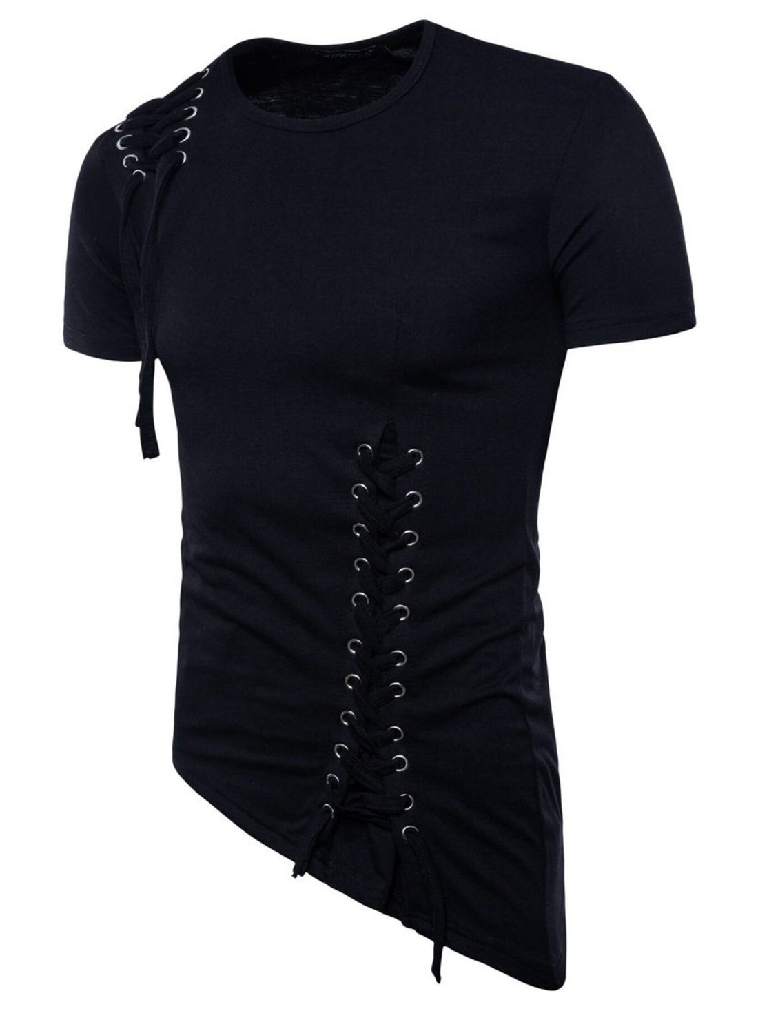 Men's Lace-Up Asymmetric Hem T-Shirt - cas7m