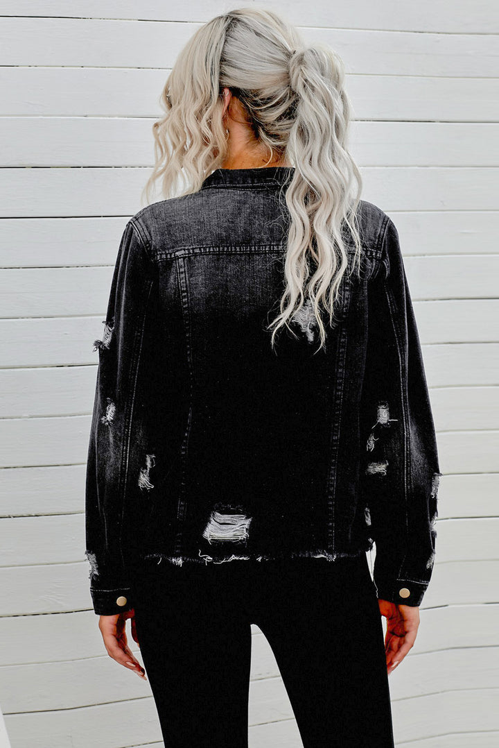 Distressed Raw Hem Buttons Denim Jacket - cas7m