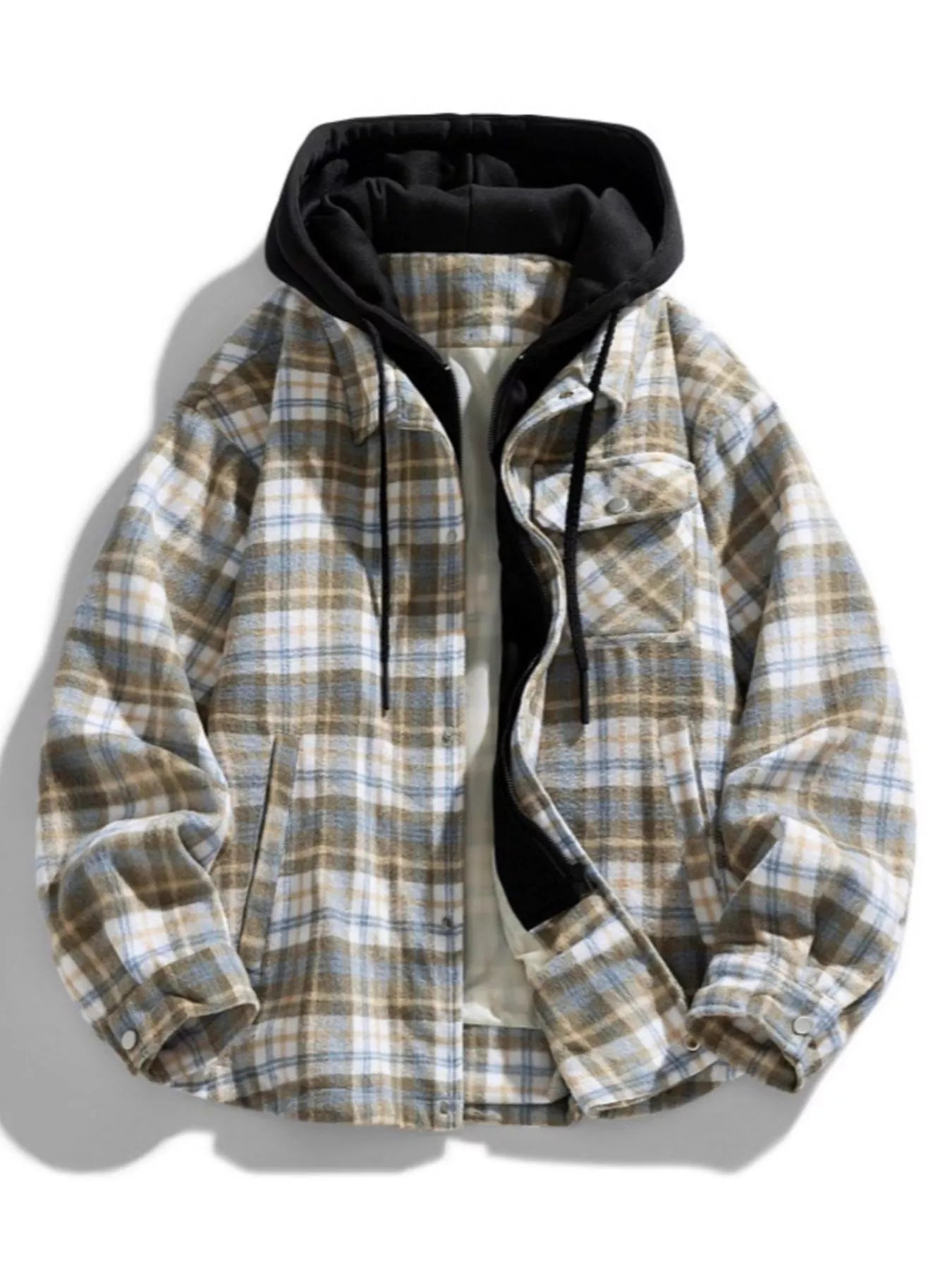 Men's Plus Size Drawstring Hooded Plaid Shirt Jacket - cas7m