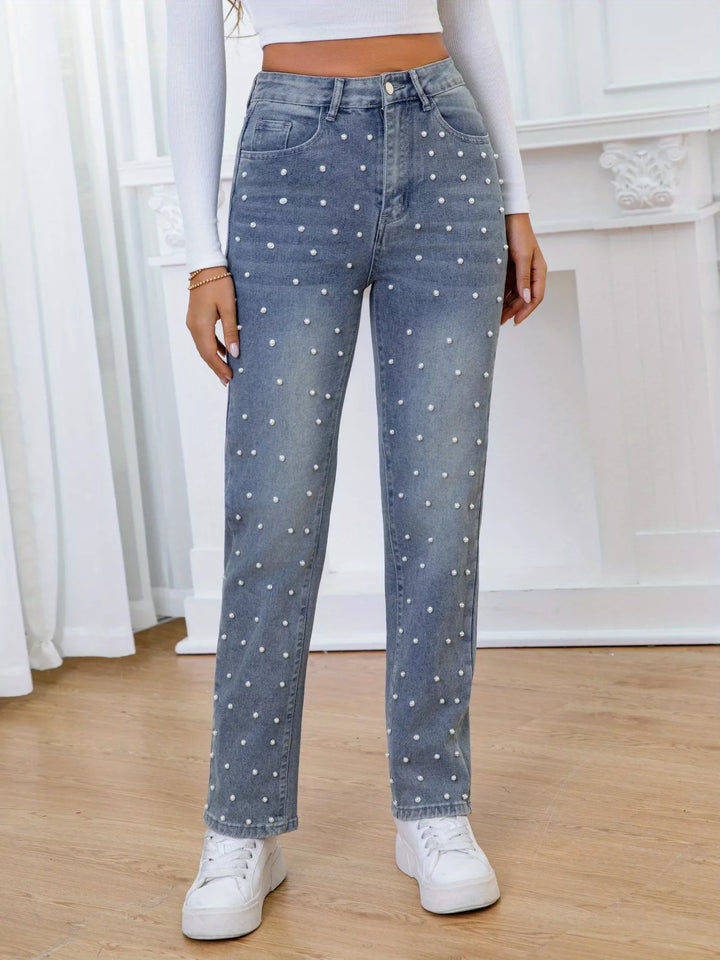 Pearl Embellished High Waist Straight Jeans - cas7m