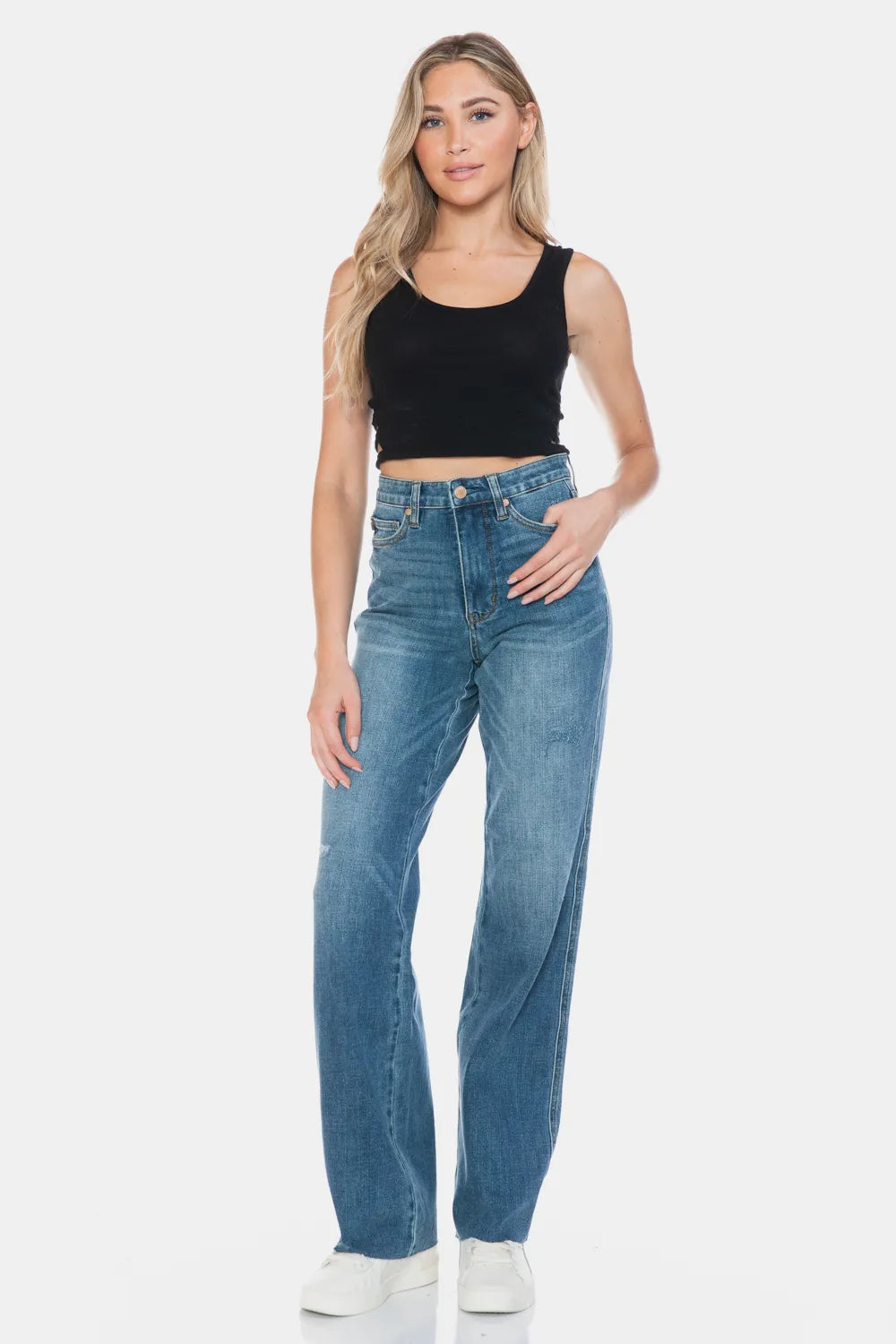 Judy Blue Full Size Tummy Control Cut Raw Hem Straight Jeans - cas7m