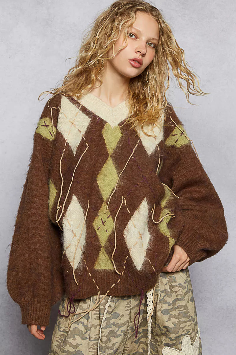 POL V-Neck Argyle Pattern Mohair Sweater with Contrast Exposed Stitch Detail - cas7m