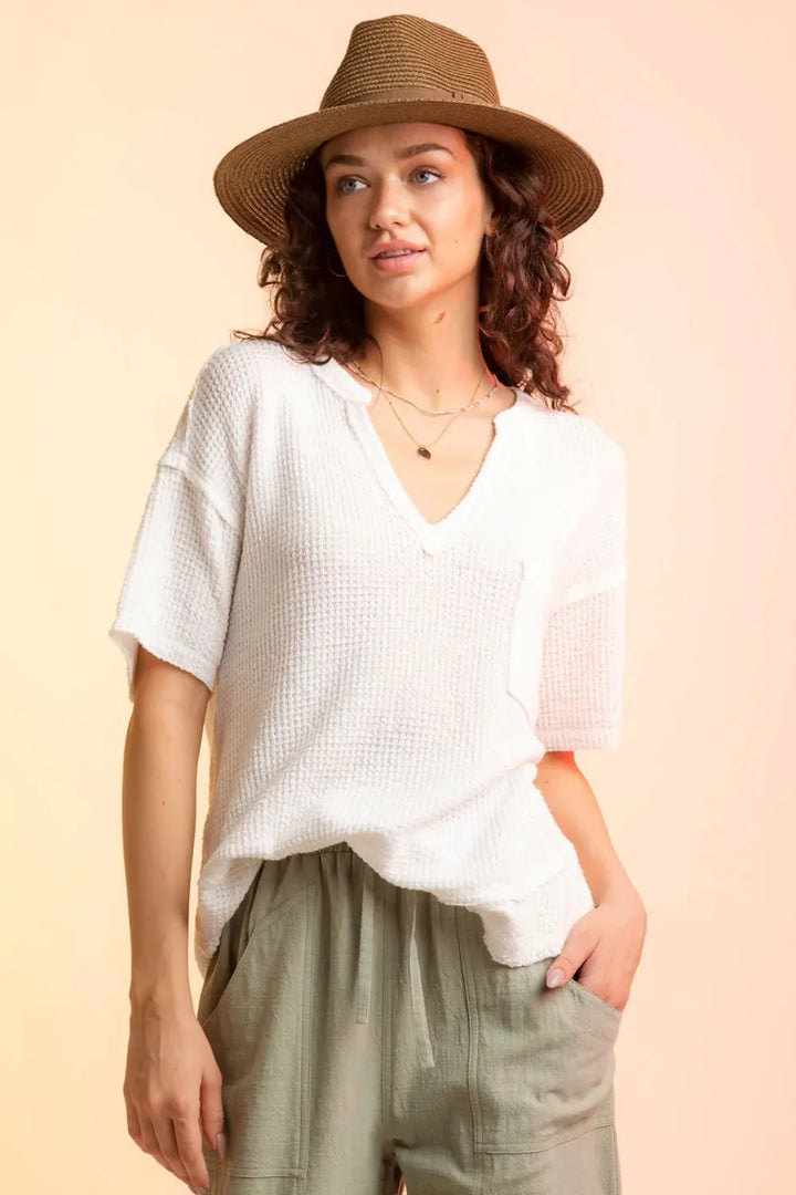 Waffle-Knit Notched Half Sleeve T-Shirt - cas7m