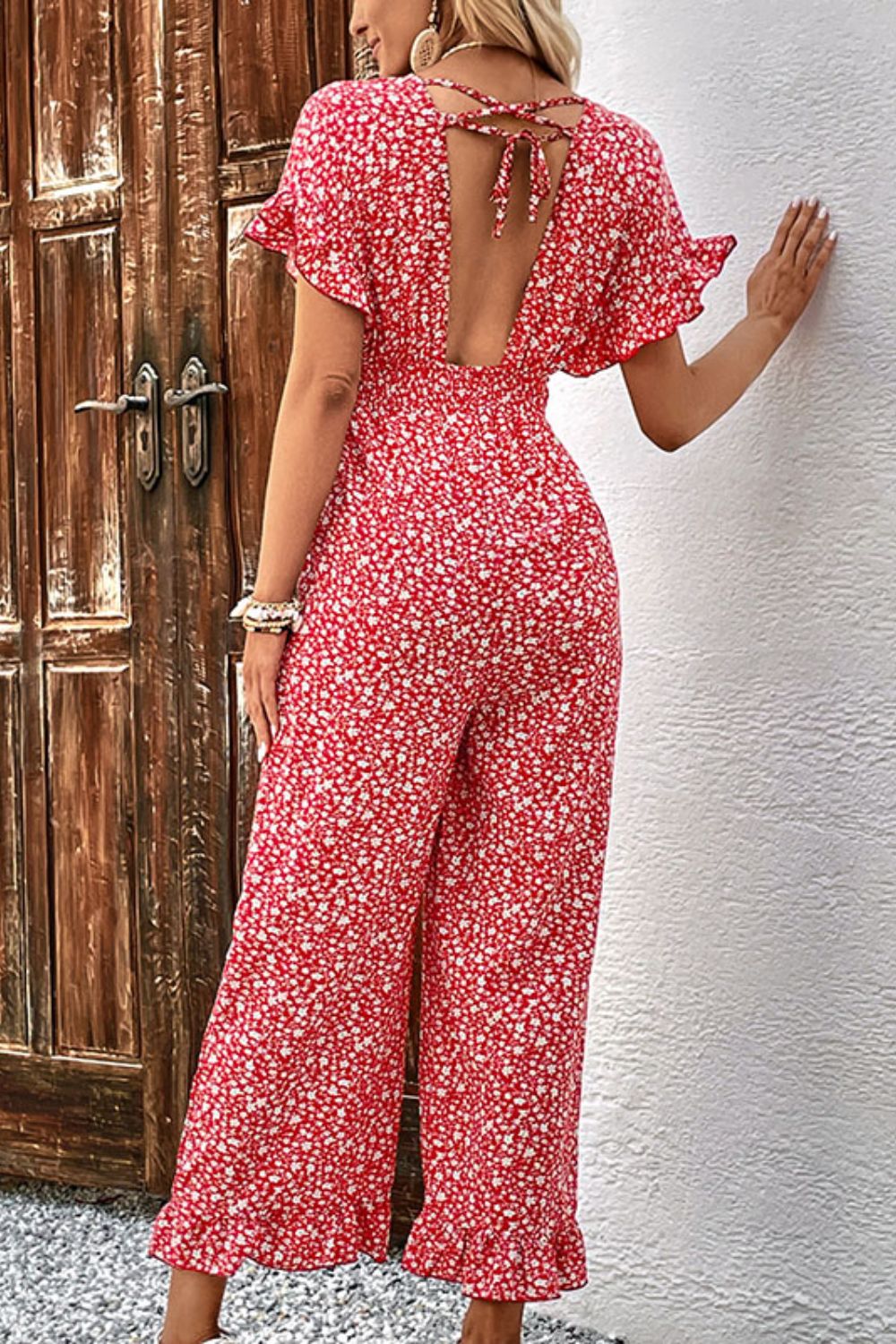 Perfee Printed Tie Back Ruffled Jumpsuit - cas7m